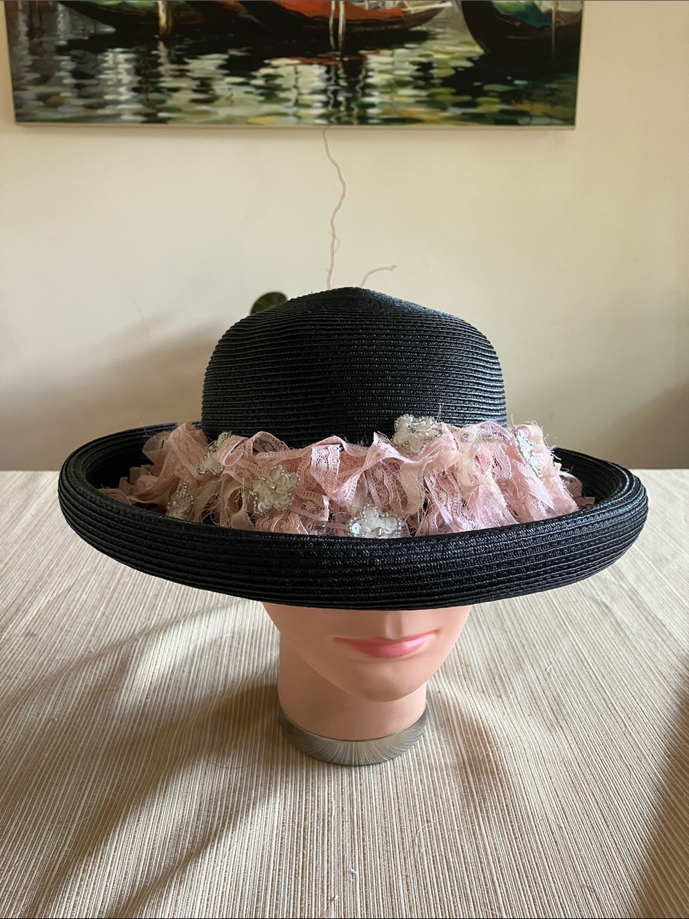 Chic Black Wide-Brim Hat with Pink Lace Trim and White Sequined Floral Accents